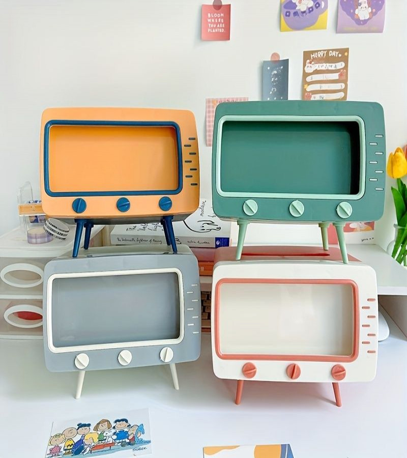 2 IN 1 TV Shape Tissue Box with Mobile Holder Tissue Box Holder Multifunctional Tissue Box Cover For Bathroom Rectangular Napkin Holder With 2 in 1