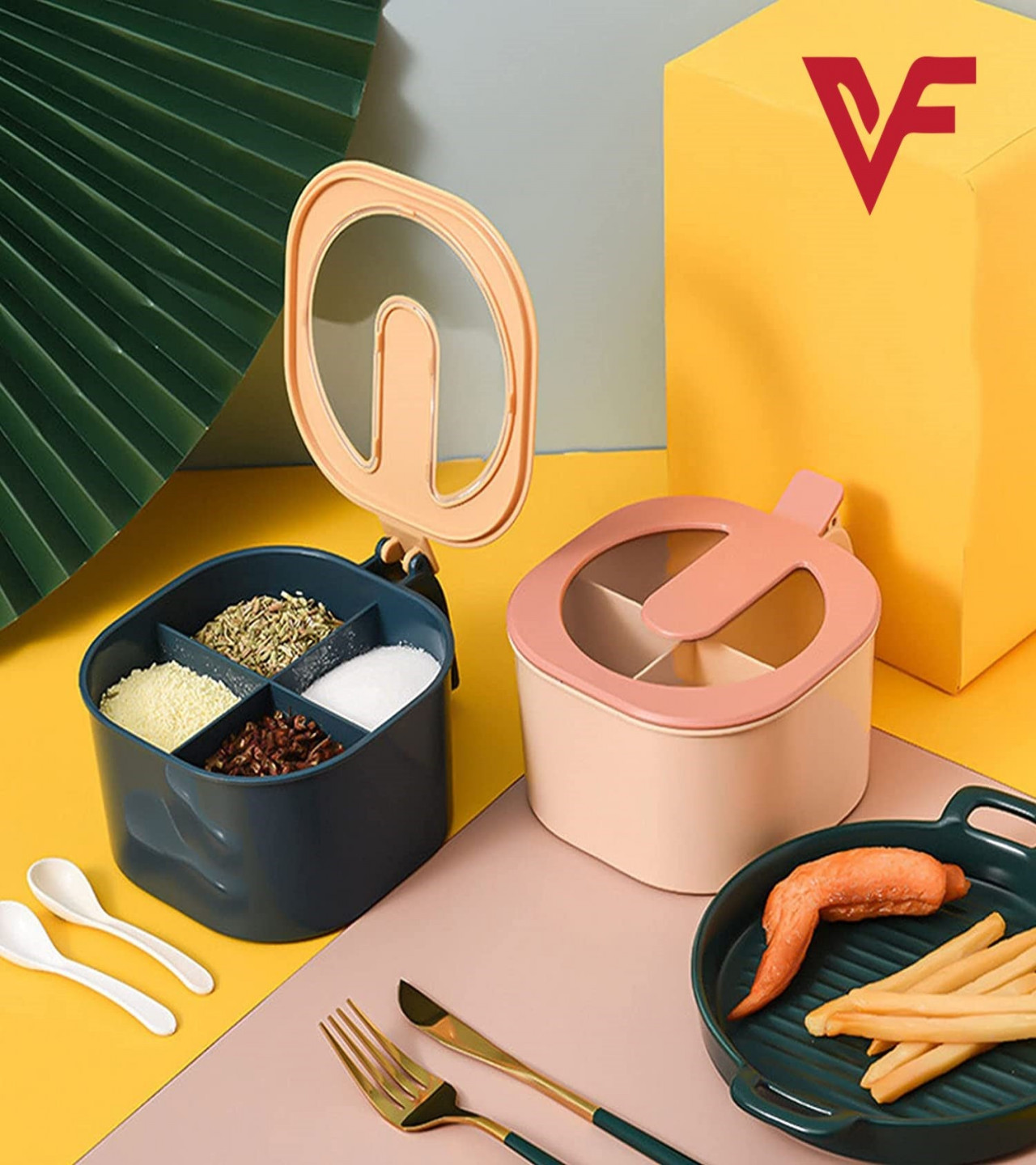 4 In 1 Modern spice kit, partition kitchen seasoning box, 4 Portions spice box with free spoon
