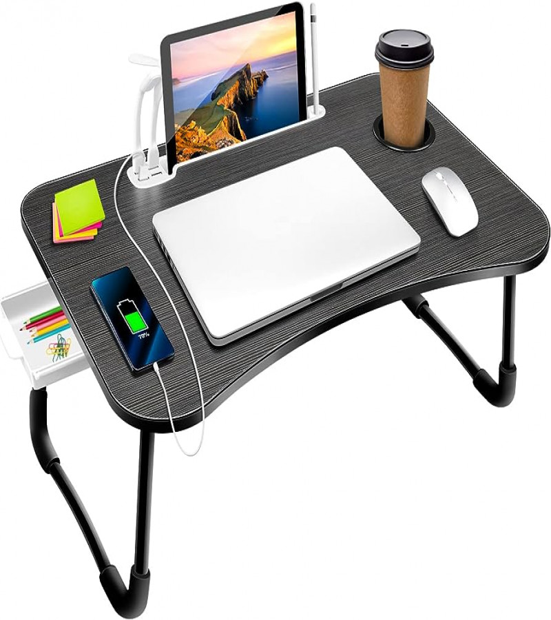 Foldable Wooden Laptop Table with Glass and Mobile Holder