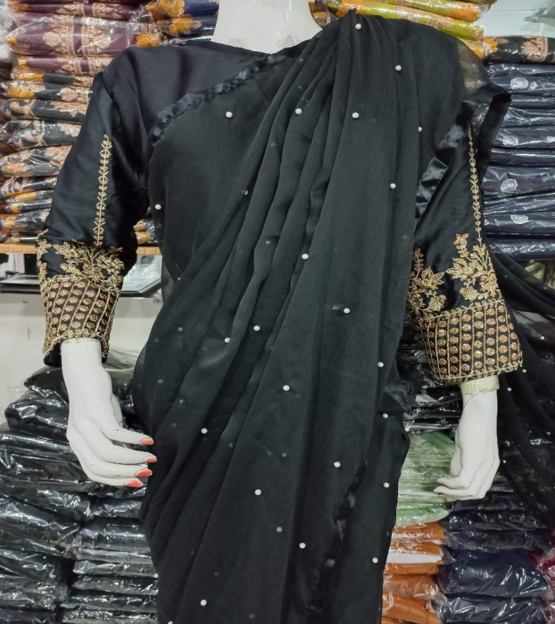 Multi Sequence Embroidery Blouse with Petticoat and Pearls Attached Saree
