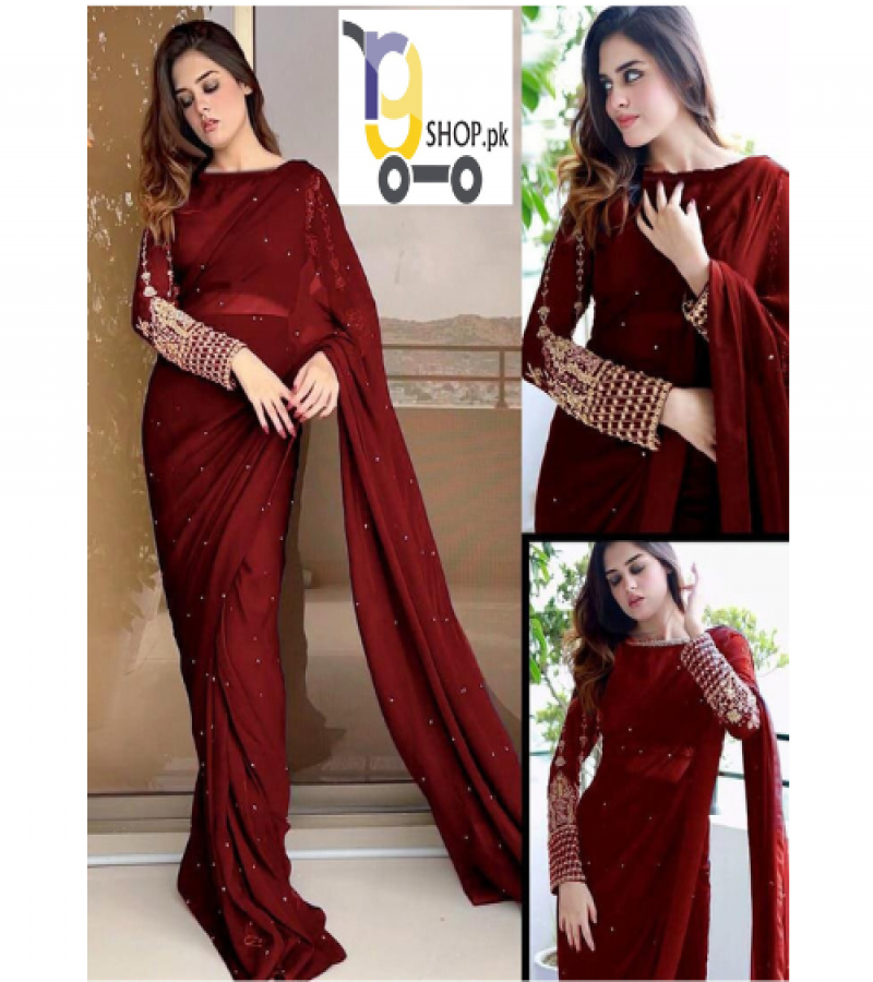 Multi Sequence Embroidery Blouse with Petticoat and Pearls Attached Saree