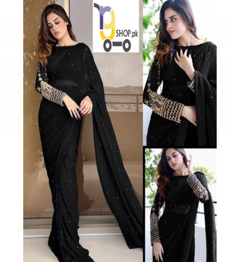 Multi Sequence Embroidery Blouse with Petticoat and Pearls Attached Saree