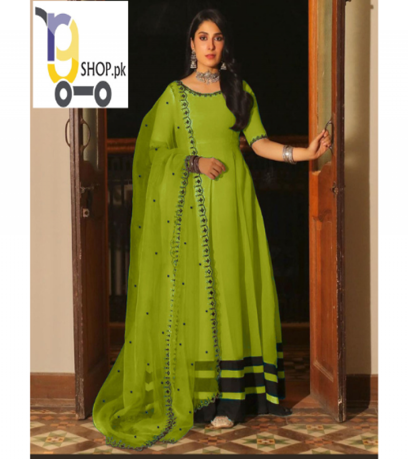 Neck, Sleeves Embroidered with Ribbon Long Kalli Maxi and Embroidered Dupatta with Pearls Attached 3PCs