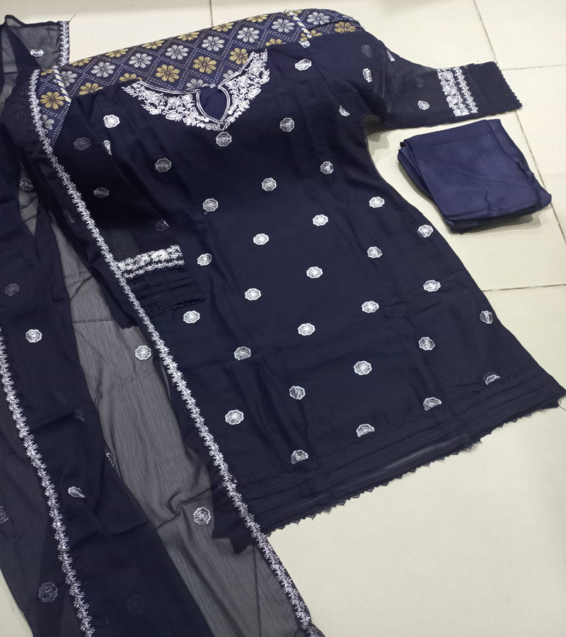 Neck, Sleeves, Front Bouti Embroidery with Tissue Pintex Work on Daman and Sleeves with Embroidered Dupatta 3PCs
